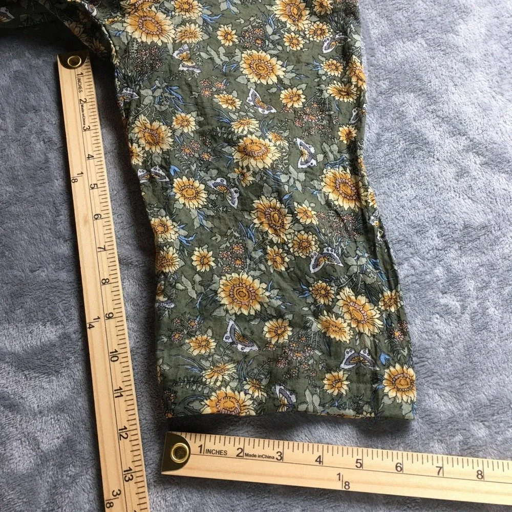 Natural Life Sunflower Butterfly Cotton Tunic Top L/XL Olive Green Boho Frayed